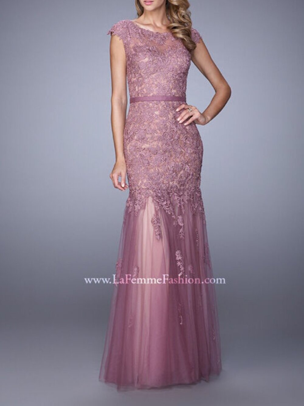 La Femme - Mauve Lace and Tulle Gown with Sheer Lace Capped Sleeves - US size 6